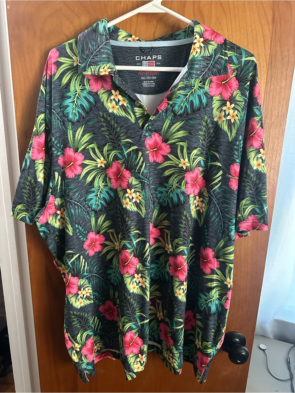 Chaps Men’s Black Tropical Polo with Pink & Yellow Floral Print